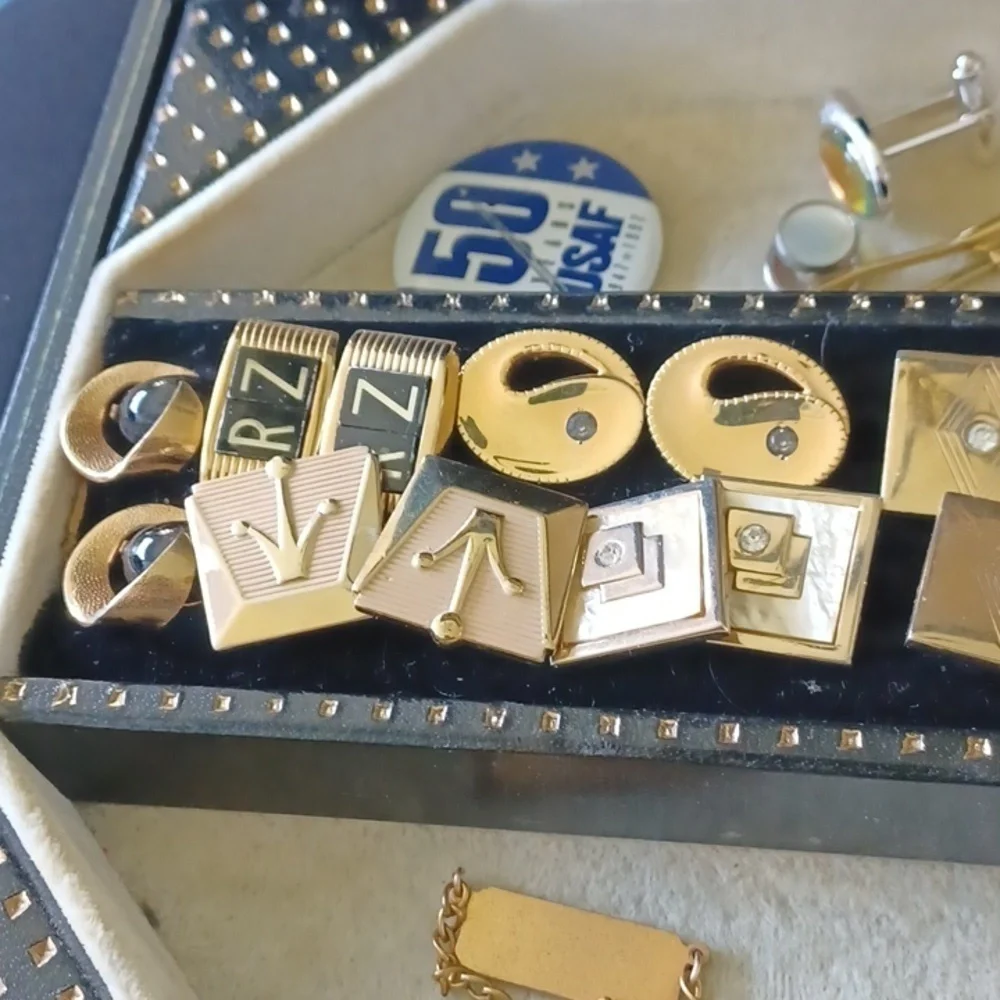 Vintage Cufflinks and Tie Clips, including storage box